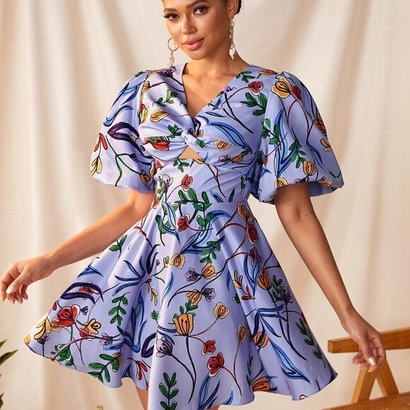 Purple Boho Womens Foral Prints Front Twisted Wrap Cut Out Back Detail Dress - Picture 3 of 8